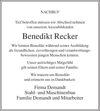 Traueranzeige von Benedikt Recker von Die Glocke