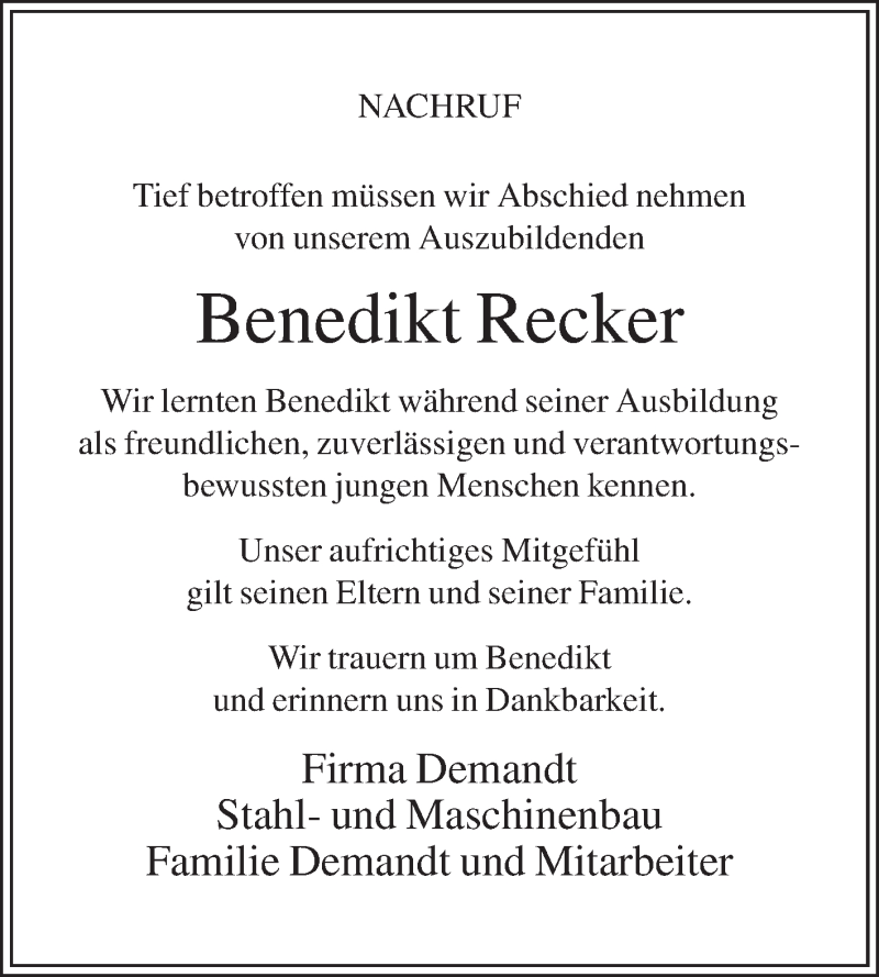  Traueranzeige für Benedikt Recker vom 14.08.2019 aus Die Glocke