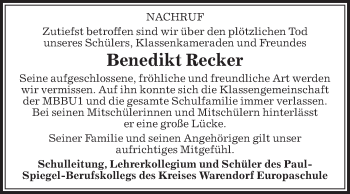 Traueranzeige von Benedikt Recker von Die Glocke