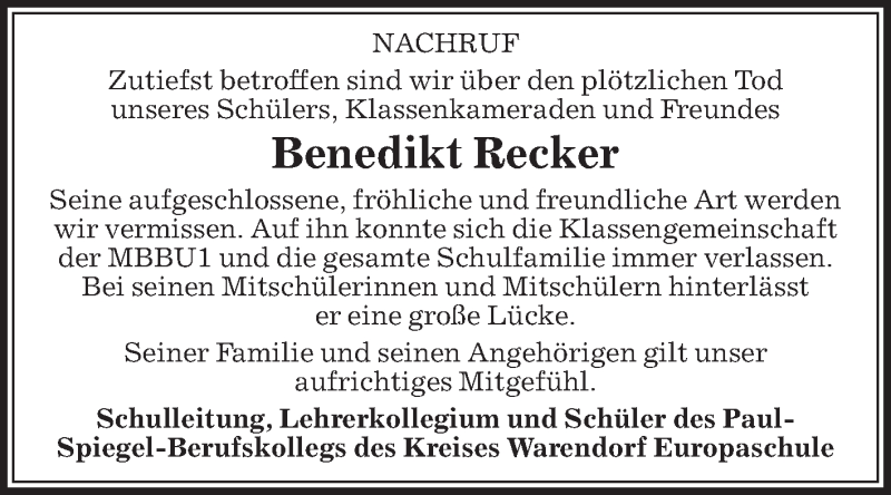  Traueranzeige für Benedikt Recker vom 28.08.2019 aus Die Glocke