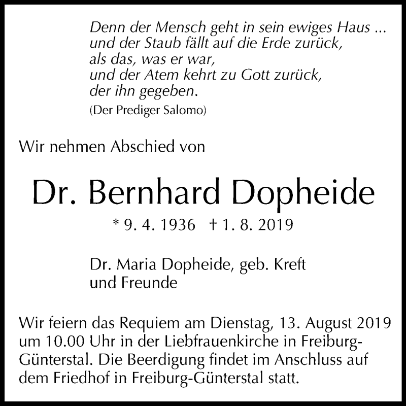  Traueranzeige für Bernhard Dopheide vom 07.08.2019 aus Die Glocke