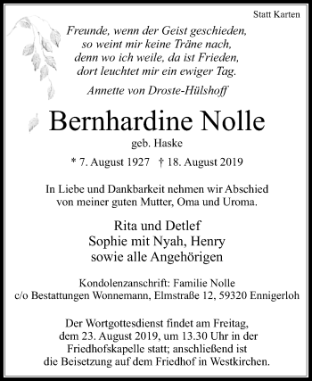 Traueranzeige von Bernhardine Nolle von Die Glocke