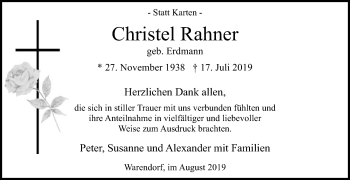 Traueranzeige von Christel Rahner von Die Glocke