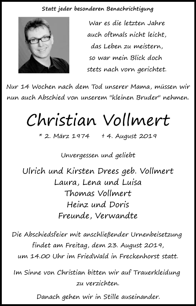  Traueranzeige für Christian Vollmert vom 17.08.2019 aus Die Glocke