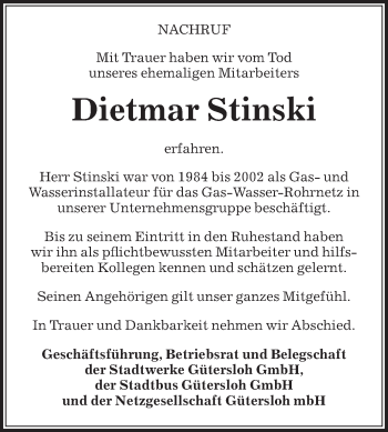 Traueranzeige von Dietmar Stinski von Die Glocke