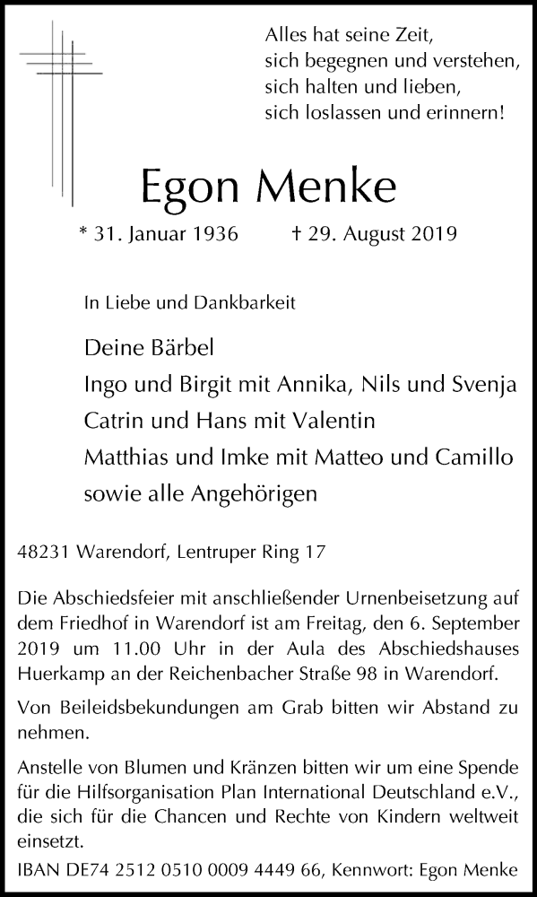 Traueranzeige für Egon Menke vom 31.08.2019 aus Die Glocke