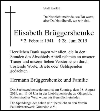 Traueranzeige von Elisabeth Brüggershemke von Die Glocke