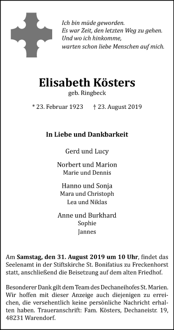 Traueranzeige von Elisabeth Kösters von Die Glocke