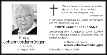 Traueranzeige von Franz Johannvorderbrüggen von Die Glocke