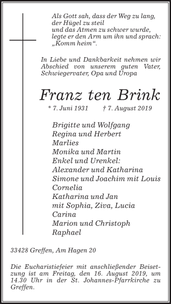 Traueranzeige von Franz ten Brink von Die Glocke