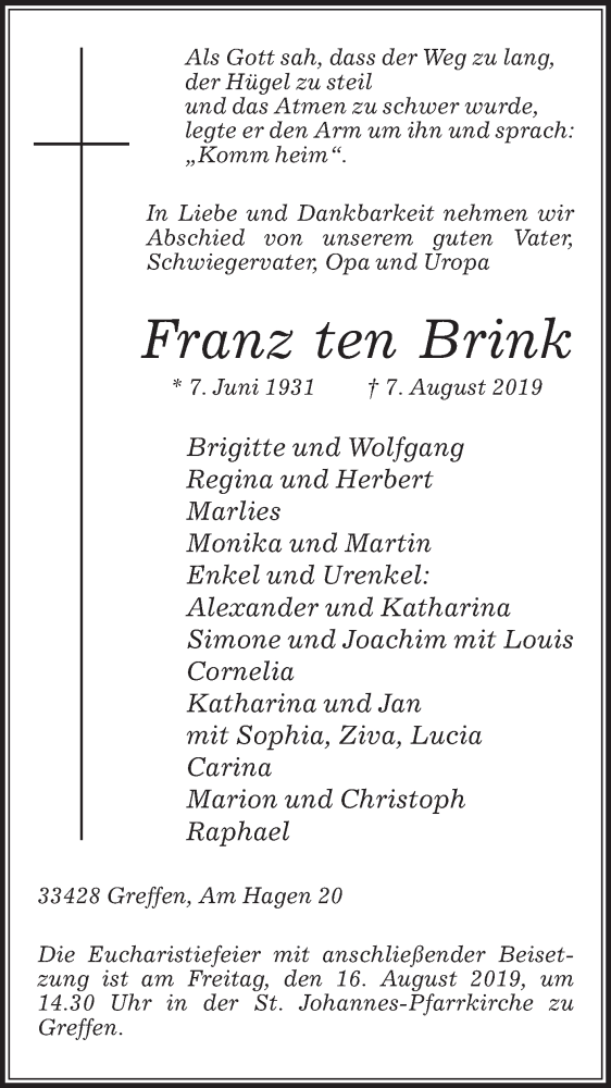  Traueranzeige für Franz ten Brink vom 13.08.2019 aus Die Glocke