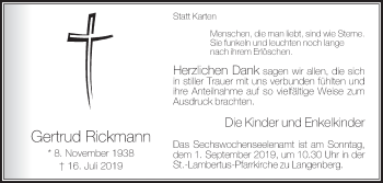 Traueranzeige von Gertrud Rickmann von Die Glocke