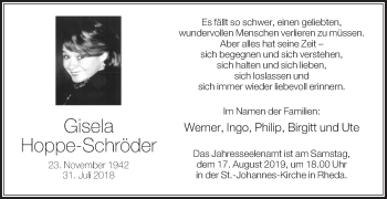 Traueranzeige von Gisela Hoppe-Schröder von Die Glocke