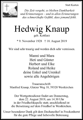 Traueranzeige von Hedwig Knaup von Die Glocke