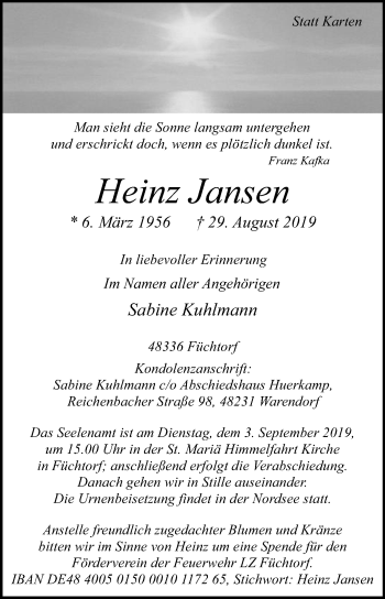 Traueranzeige von Heinz Jansen von Die Glocke