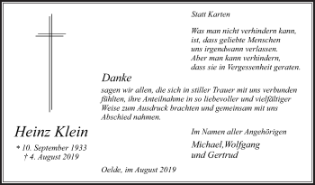 Traueranzeige von Heinz Klein von Die Glocke