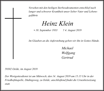 Traueranzeige von Heinz Klein von Die Glocke