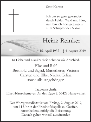 Traueranzeige von Heinz Reinker von Die Glocke