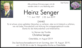 Traueranzeige von Heinz Senger von Die Glocke