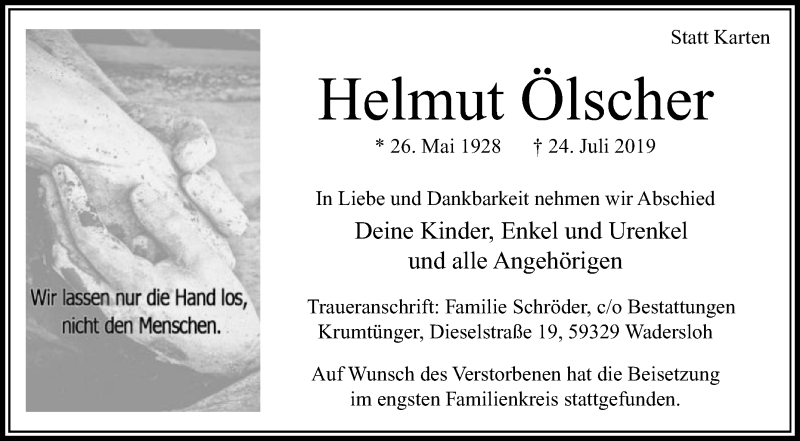  Traueranzeige für Helmut Ölscher vom 06.08.2019 aus Die Glocke