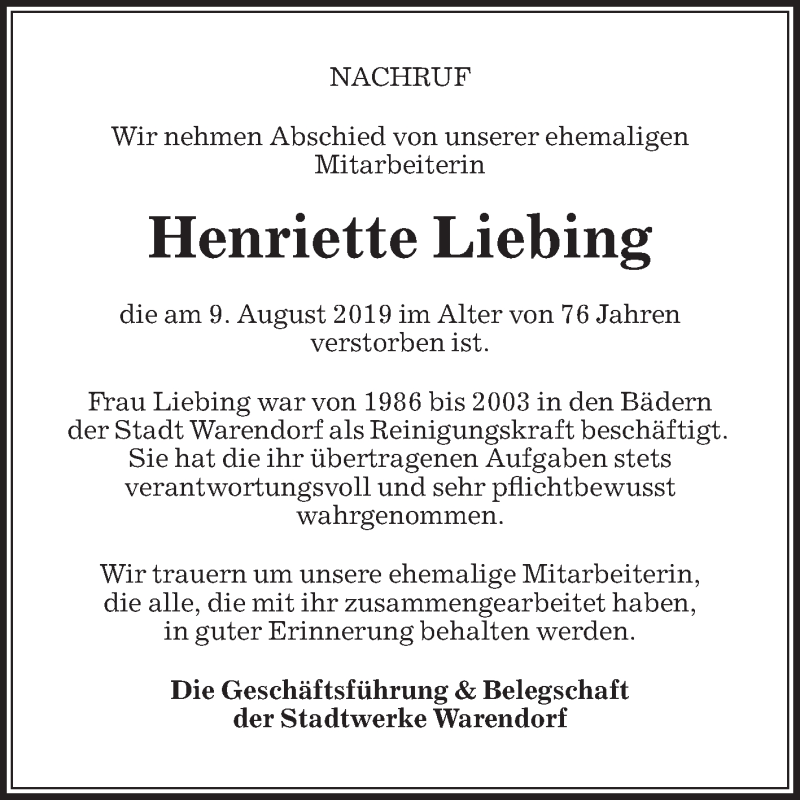 Traueranzeige für Henriette Liebing vom 16.08.2019 aus Die Glocke