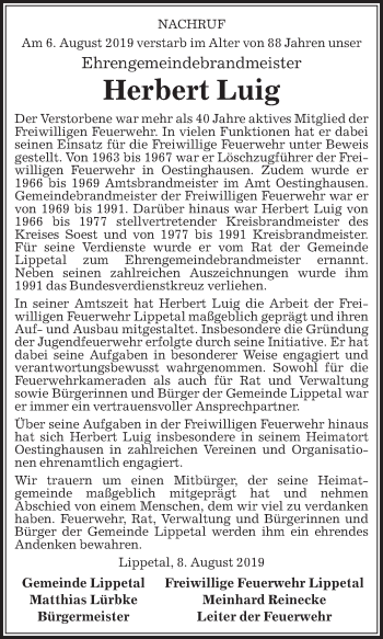 Traueranzeige von Herbert Luig von Die Glocke