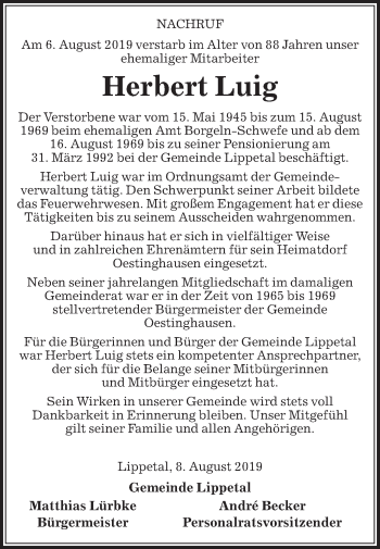 Traueranzeige von Herbert Luig von Die Glocke