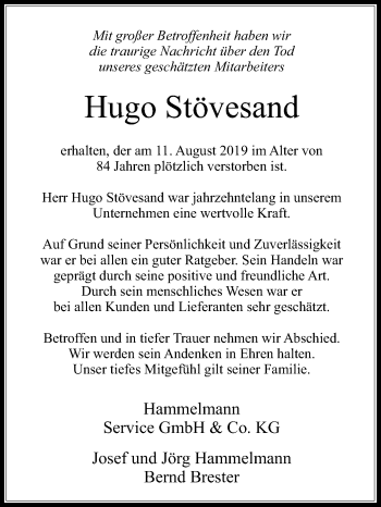 Traueranzeige von Hugo Stövesand von Die Glocke