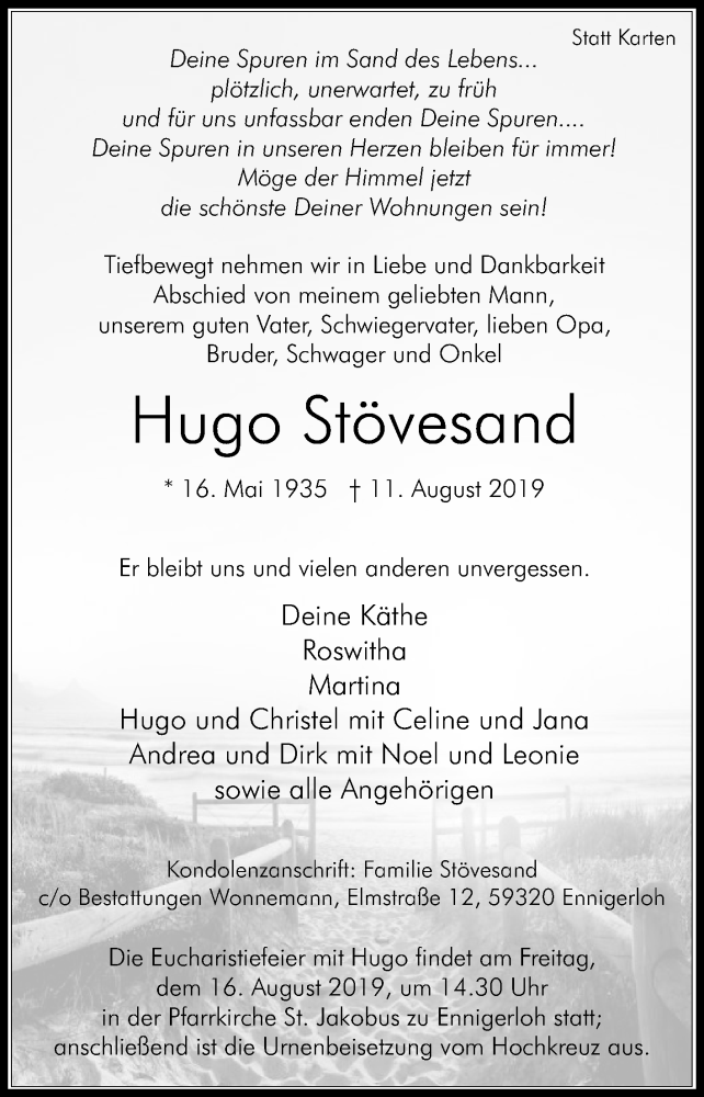  Traueranzeige für Hugo Stövesand vom 14.08.2019 aus Die Glocke