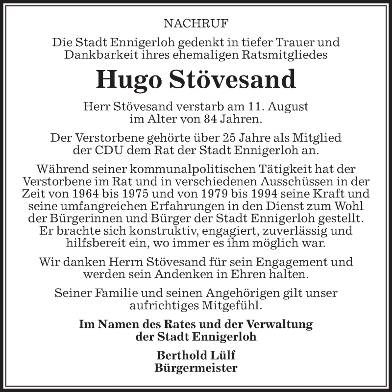  Traueranzeige für Hugo Stövesand vom 15.08.2019 aus Die Glocke