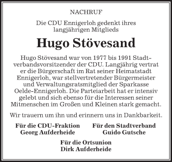 Traueranzeige von Hugo Stövesand von Die Glocke
