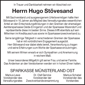 Traueranzeige von Hugo Stövesand von Die Glocke