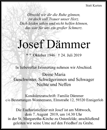 Traueranzeige von Josef Dämmer von Die Glocke