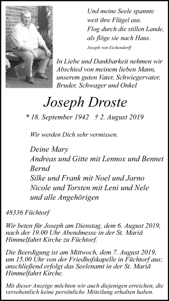 Traueranzeige von Joseph Droste von Die Glocke