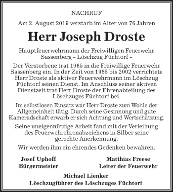 Traueranzeige von Joseph Droste von Die Glocke