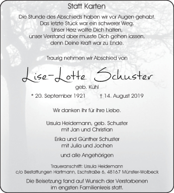 Traueranzeige von Lise-Lotte Schuster von Die Glocke