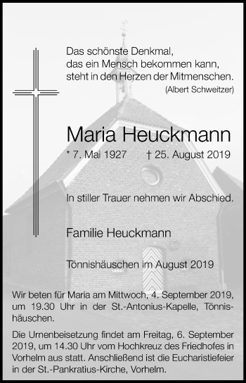 Traueranzeige von Maria Heuckmann von Die Glocke