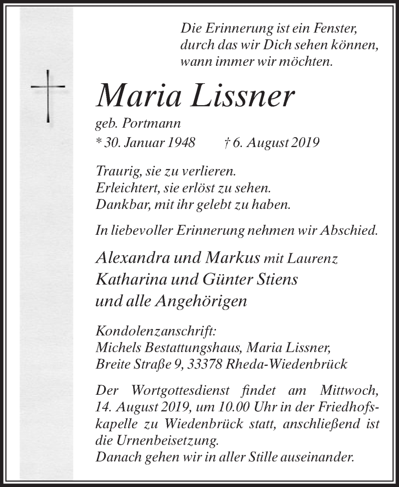  Traueranzeige für Maria Lissner vom 10.08.2019 aus Die Glocke