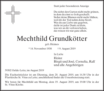 Traueranzeige von Mechthild Grundkötter von Die Glocke