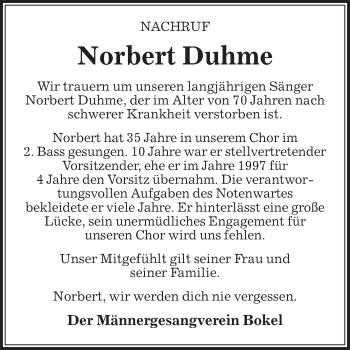 Traueranzeige von Norbert Duhme von Die Glocke