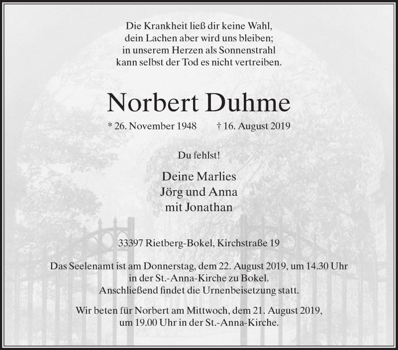  Traueranzeige für Norbert Duhme vom 19.08.2019 aus Die Glocke