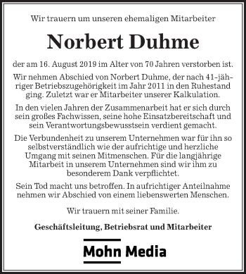 Traueranzeige von Norbert Duhme von Die Glocke