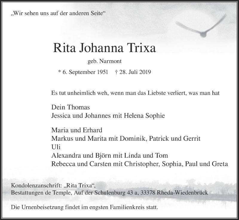  Traueranzeige für Rita Johanna Trixa vom 03.08.2019 aus Die Glocke