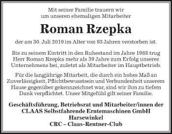 Traueranzeige von Roman Rzepka von Die Glocke