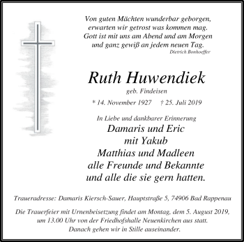 Traueranzeige von Ruth Huwendiek von Die Glocke