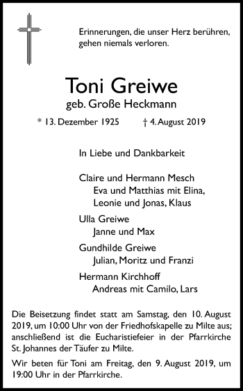 Traueranzeige von Toni Greiwe von Die Glocke