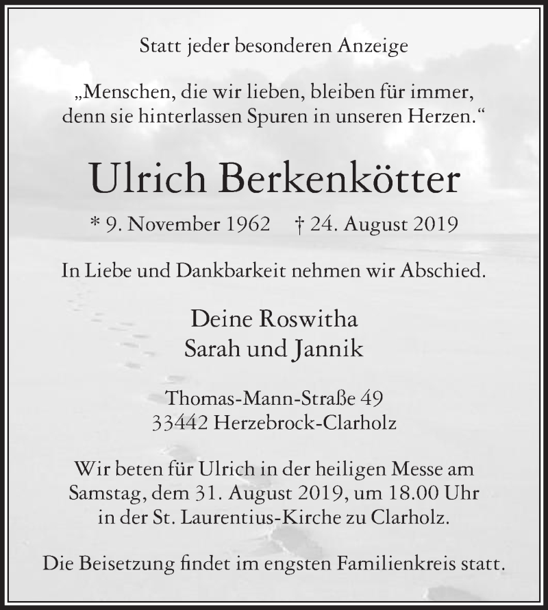  Traueranzeige für Ulrich Berkenkötter vom 27.08.2019 aus Die Glocke