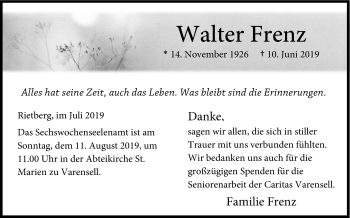 Traueranzeige von Walter Frenz von Die Glocke