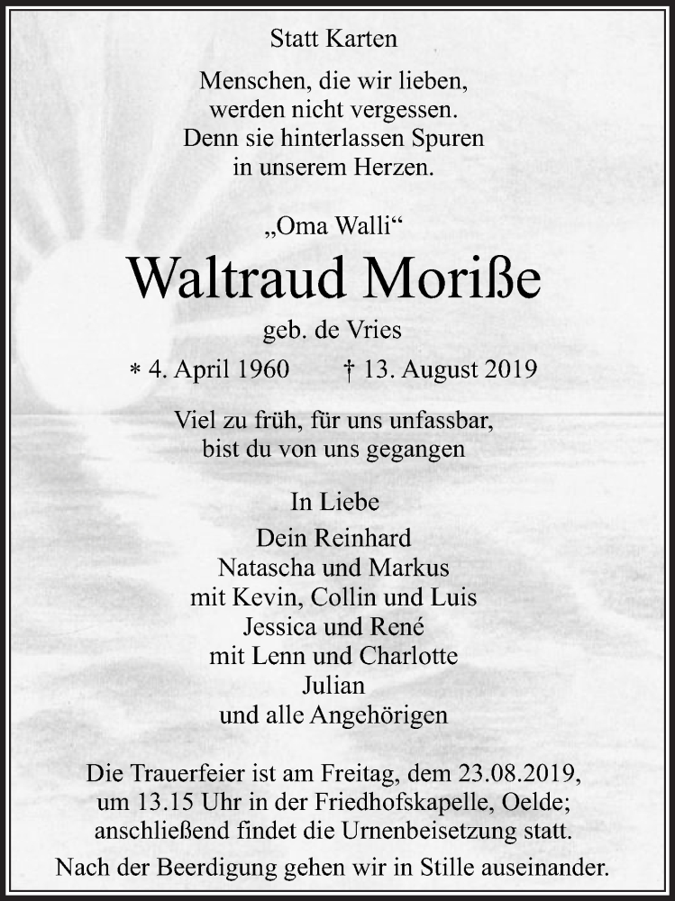  Traueranzeige für Waltraud Moriße vom 17.08.2019 aus Die Glocke