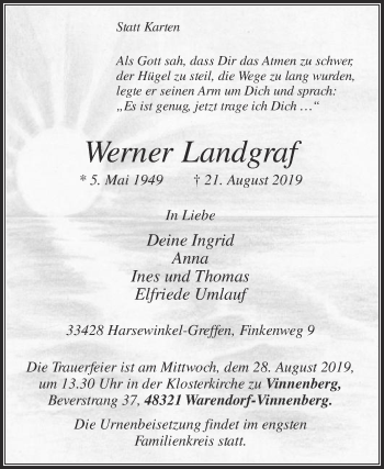 Traueranzeige von Werner Landgraf von Die Glocke